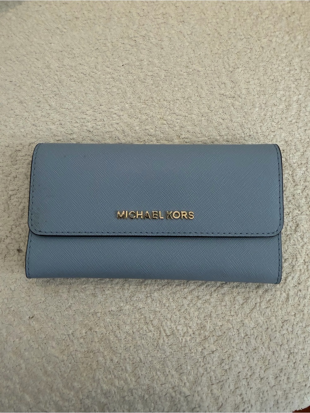 Michael Kors Dusty Blue Saffiano Leather Flap Wallet with Gold Logo